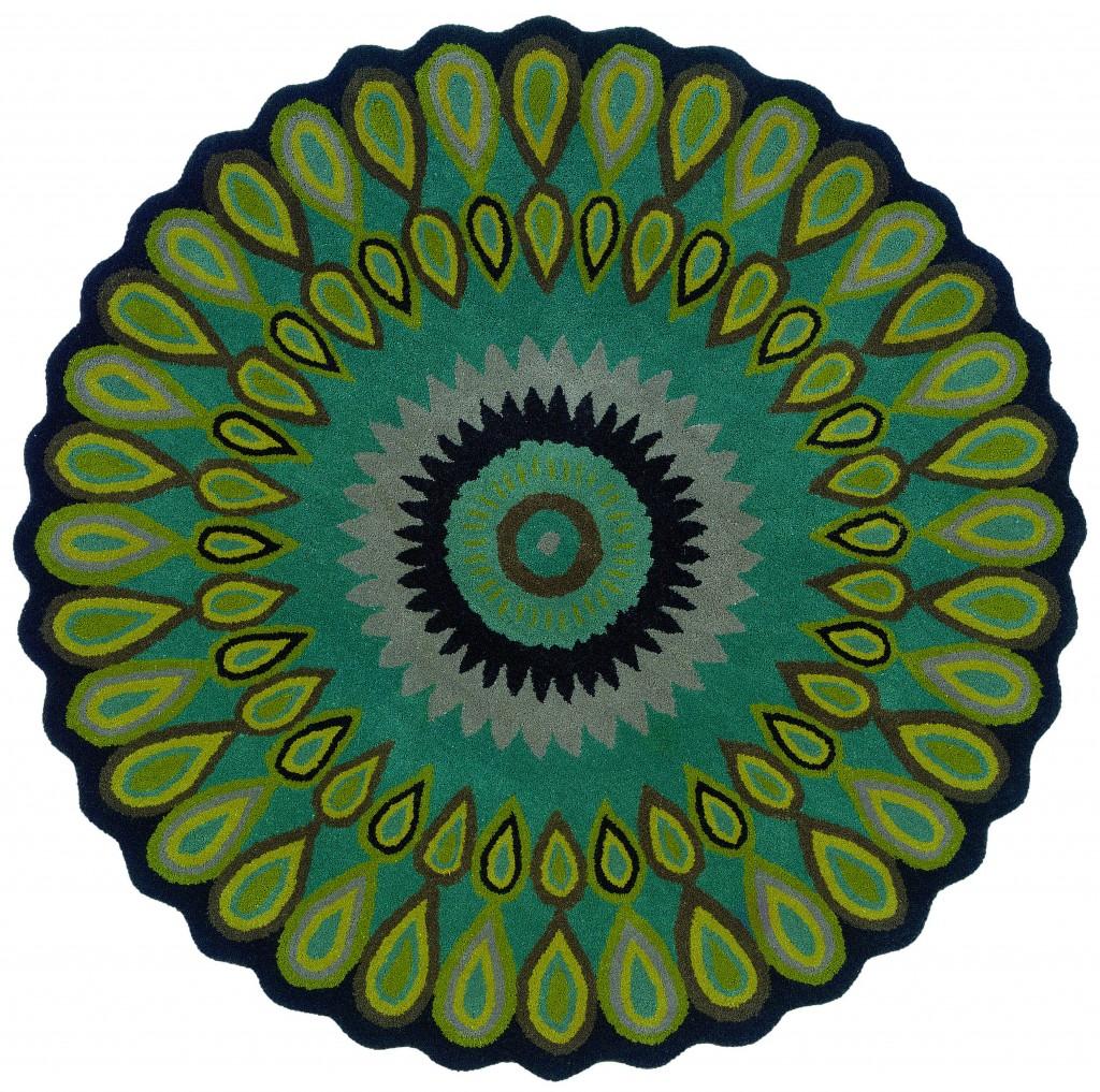 5’ Round Green Peacock Feather Area Rug Default Title