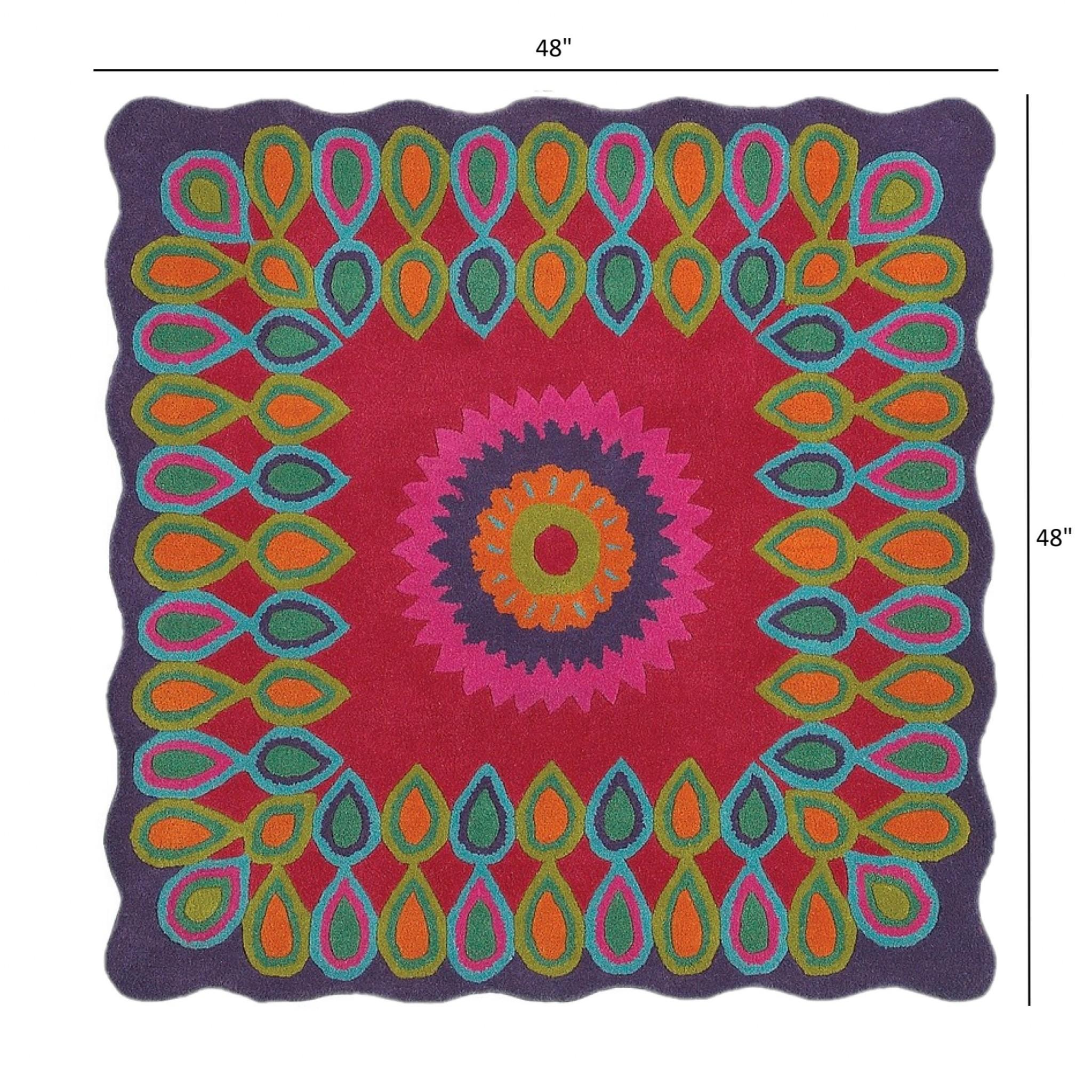 4’ Square Pink Floral Edged Area Rug