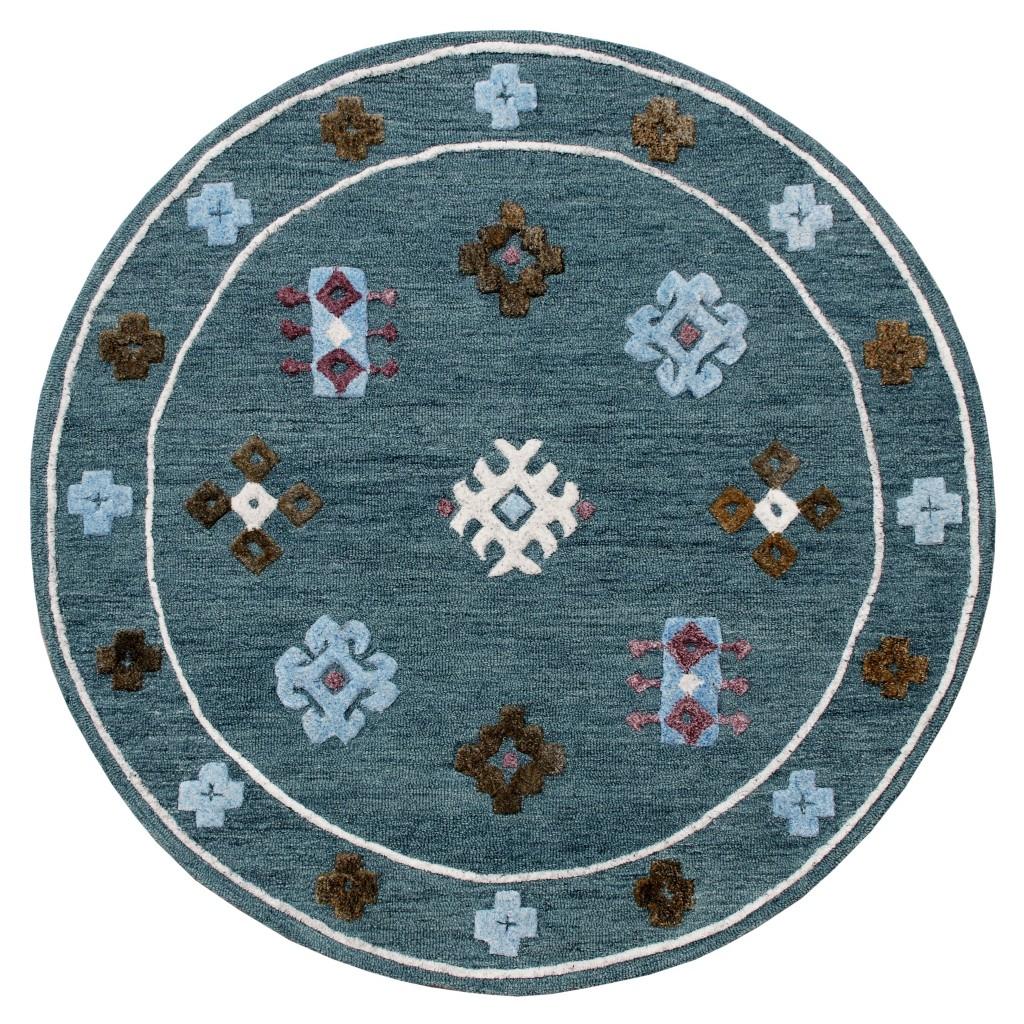 5’ Round Blue Bordered Motif Area Rug Default Title