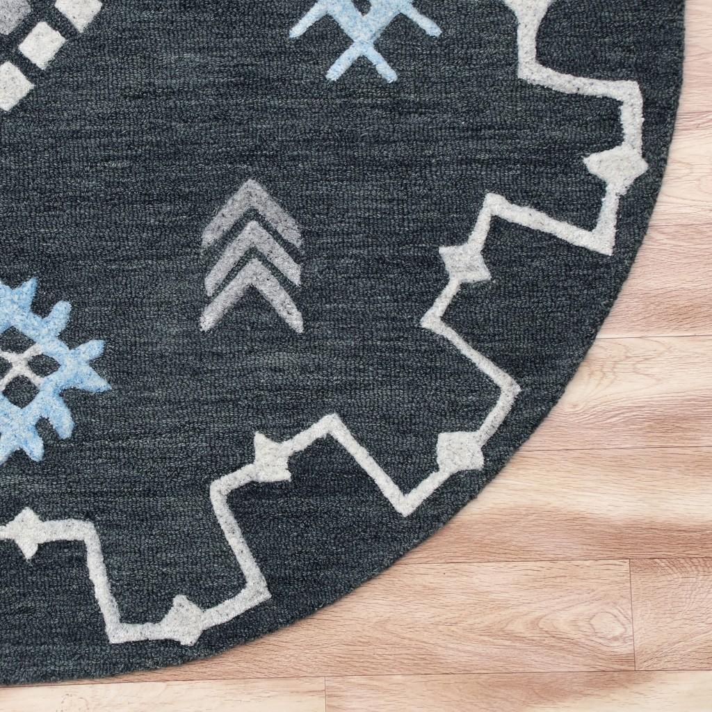 5’ Round Charcoal Geometric Border Area Rug