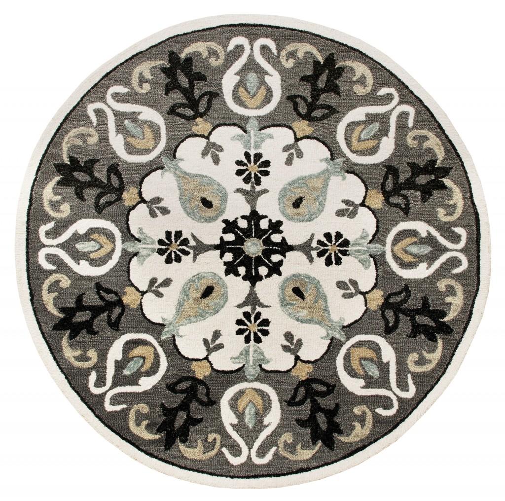 7’ Round Gray and White Floral Medallion Area Rug Default Title