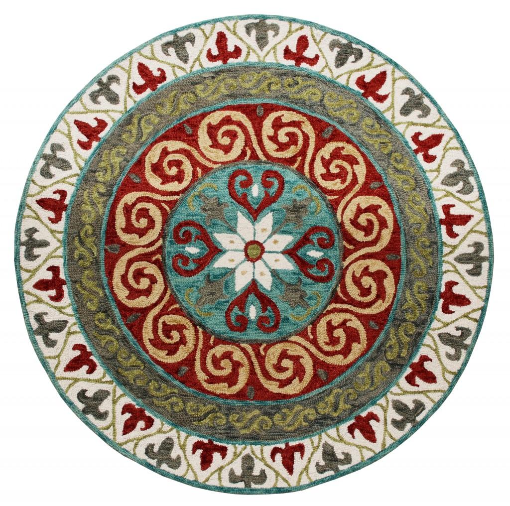 5’ Round Red and Sage Medallion Area Rug Default Title
