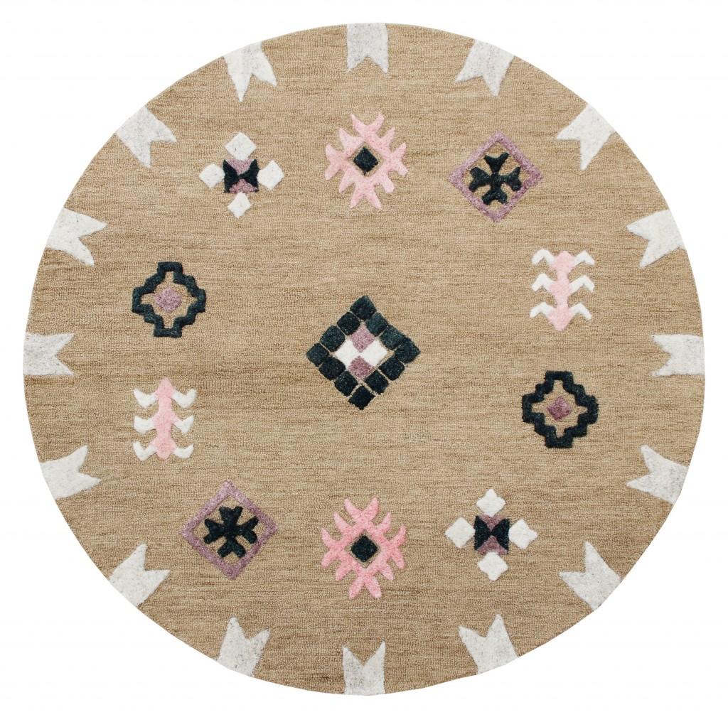 5’ Round Taupe Boho Chic Motif Area Rug Default Title