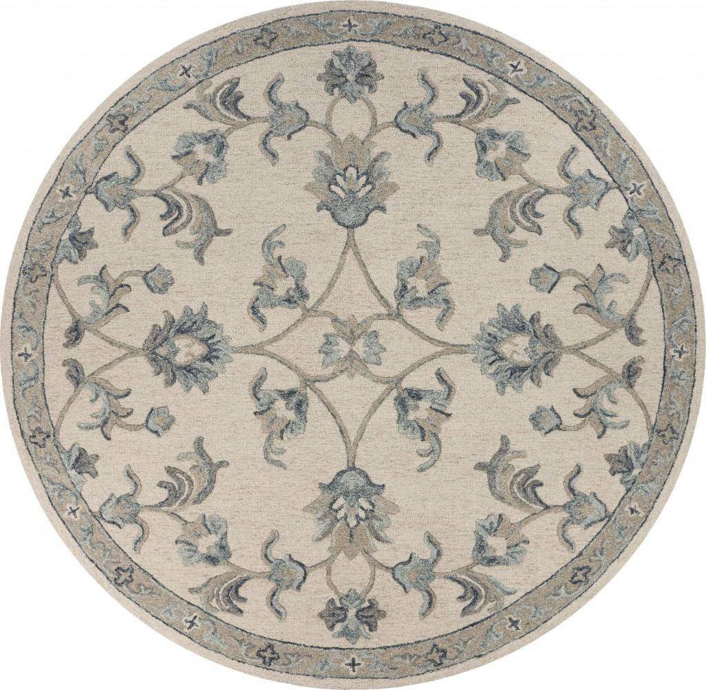 5’ Round Beige and Blue Filigree Area Rug Default Title
