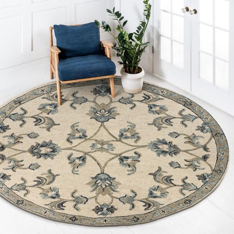 7’ Round Beige and Blue Filigree Area Rug