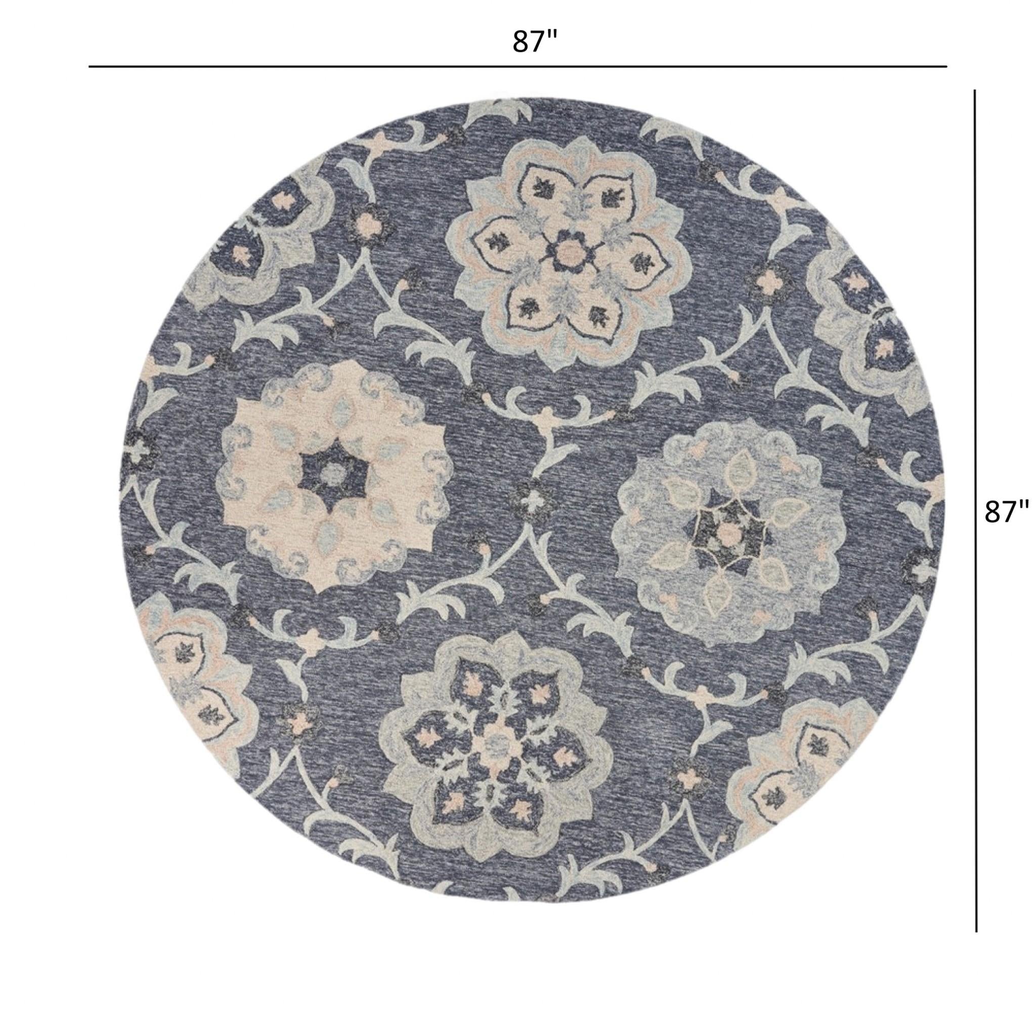 7’ Round Gray Floral Trellis Area Rug