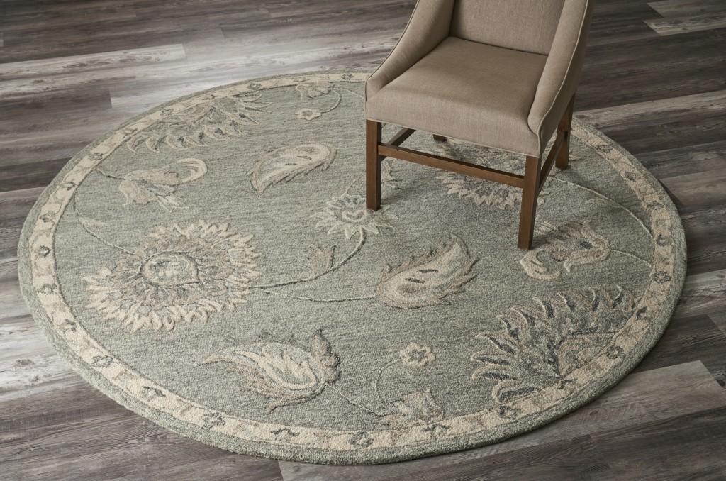 7’ Round Light Gray Floral Area Rug