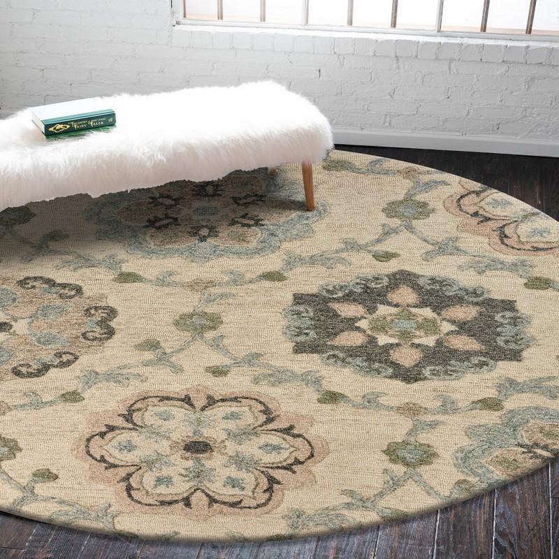 7’ Round Ivory Intricate Floral Area Rug