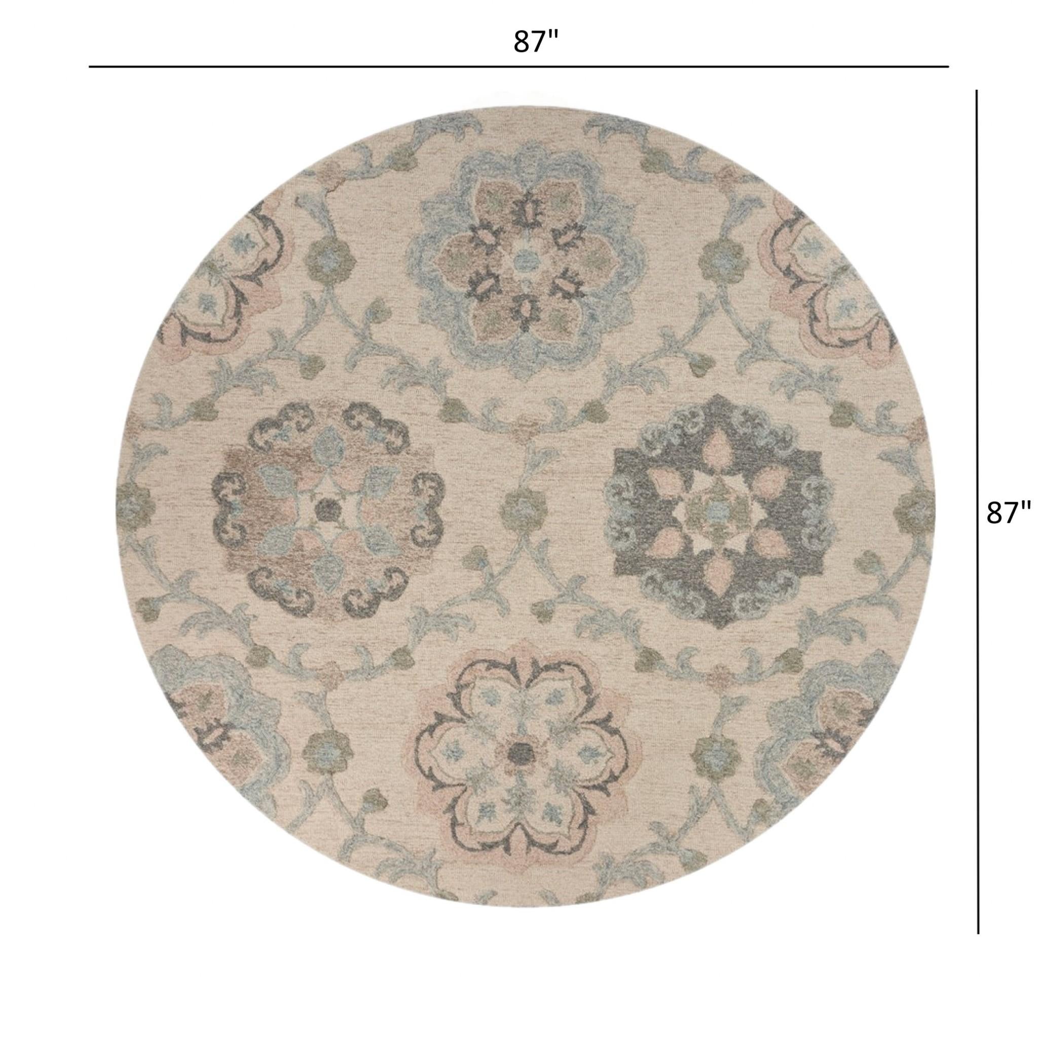 7’ Round Ivory Intricate Floral Area Rug