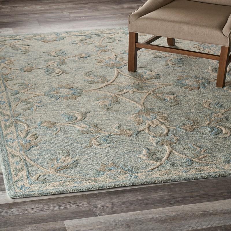 7’ x 9’ Blue and Cream Filigree Area Rug
