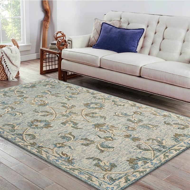 7’ x 9’ Blue and Cream Filigree Area Rug