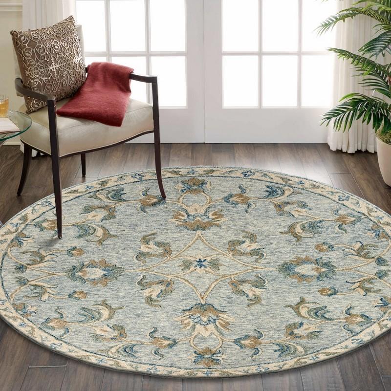 7’ Round Blue and Cream Filigree Area Rug