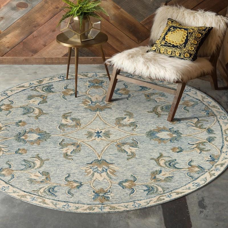 7’ Round Blue and Cream Filigree Area Rug