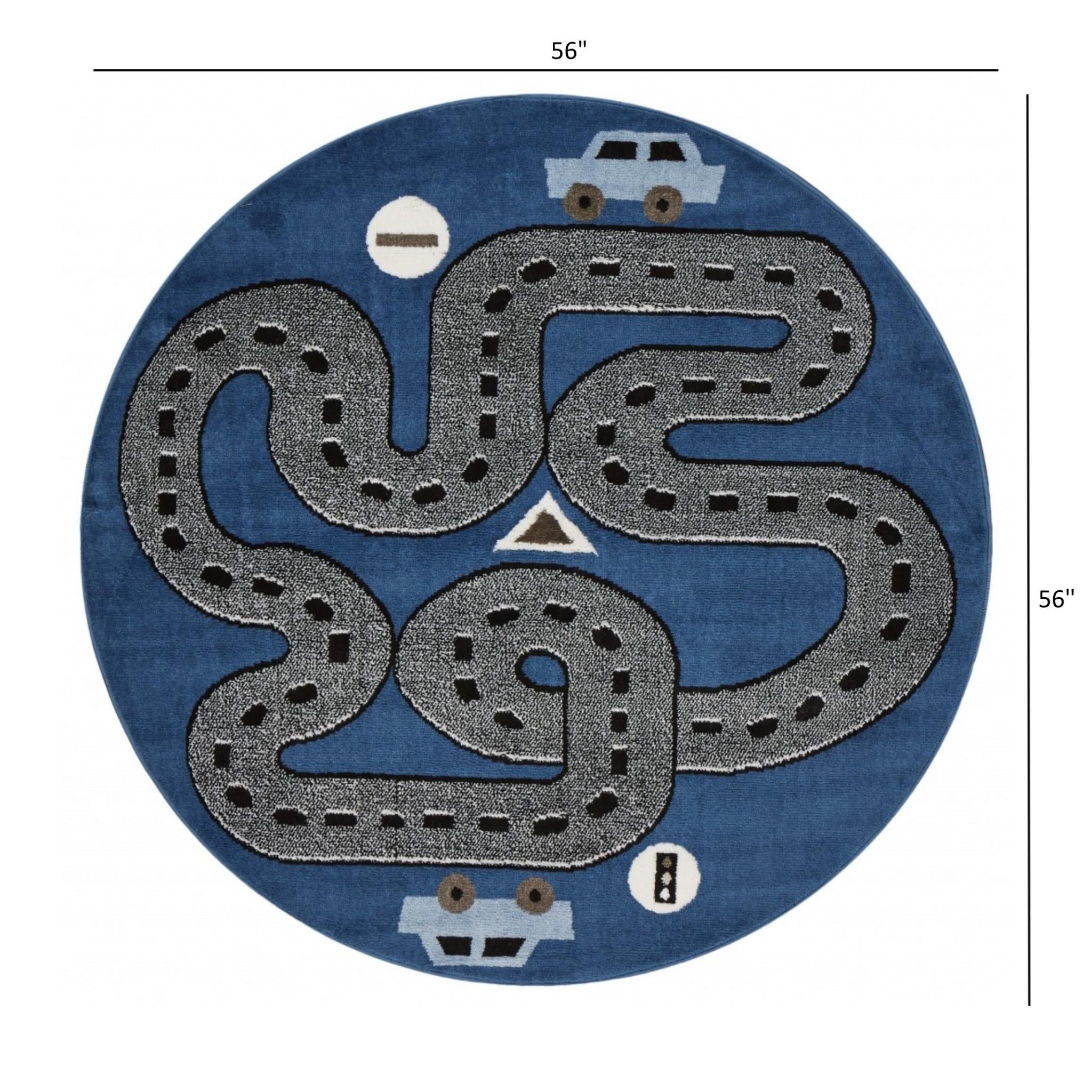 5’ Round Navy Imaginative Racetrack Area Rug