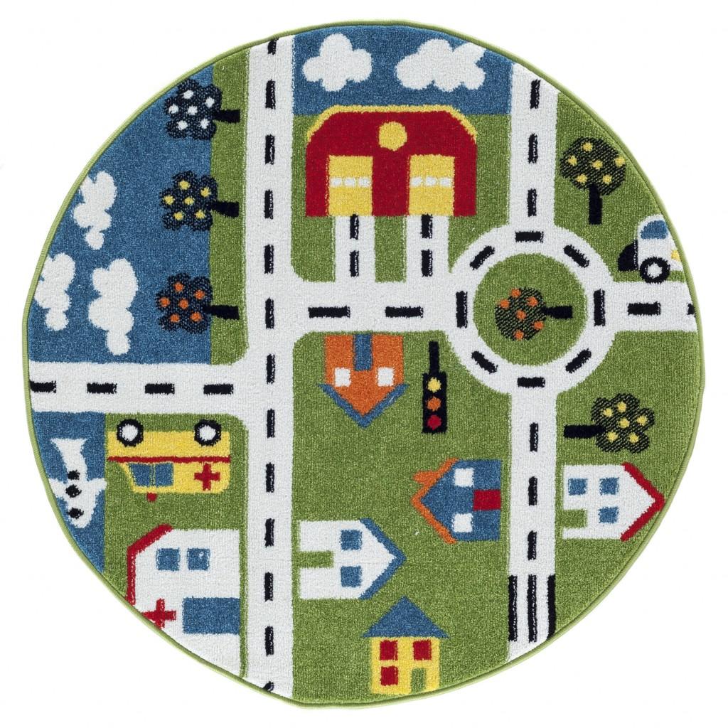5’ Round Green Imaginative Town Area Rug