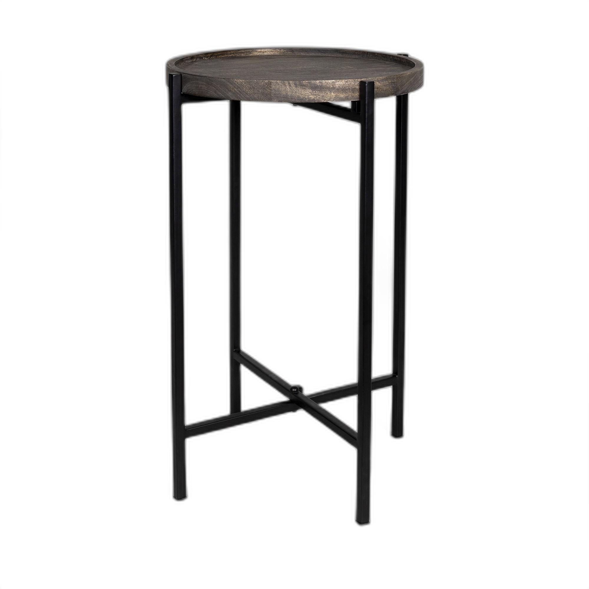 Black Cast Iron End Table with Wooden Top