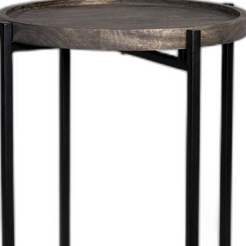 Black Cast Iron End Table with Wooden Top