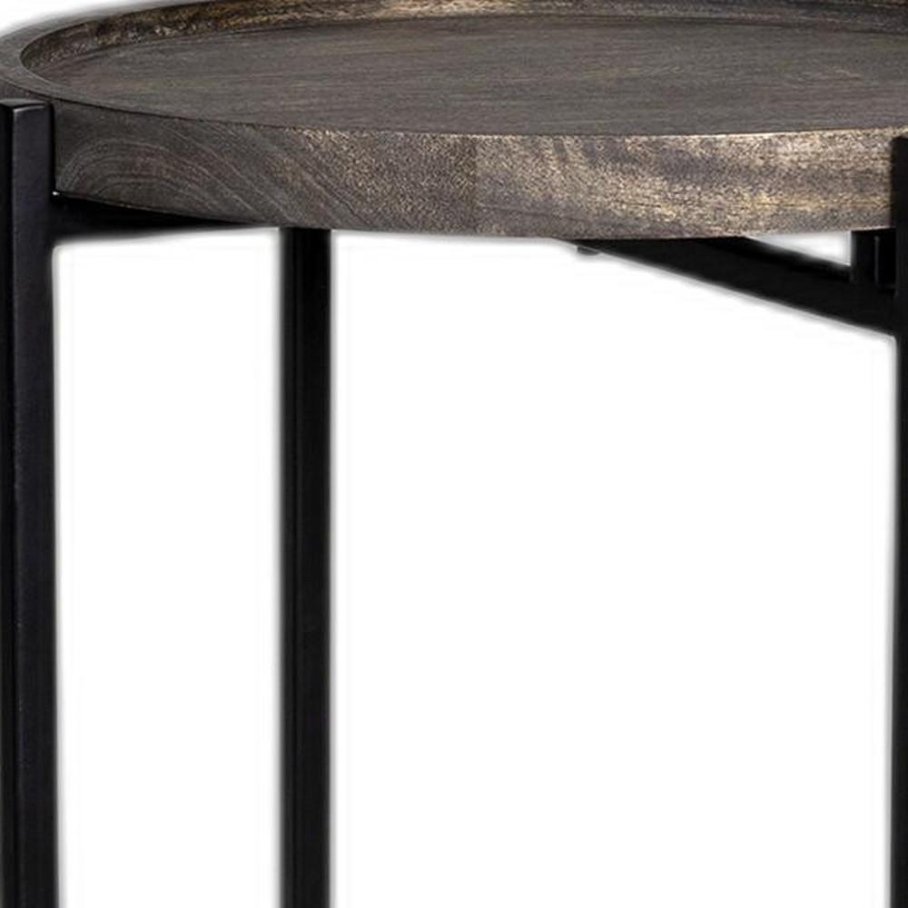 Black Cast Iron End Table with Wooden Top