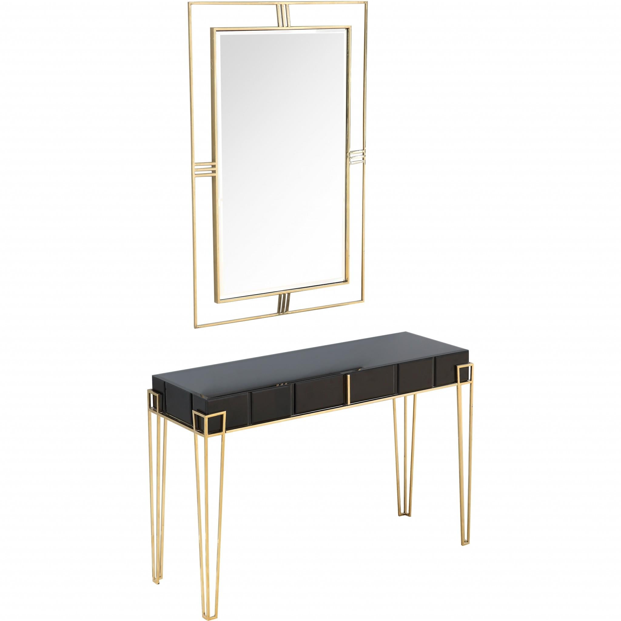 Modern Black and Gold Console Table and Mirror Set