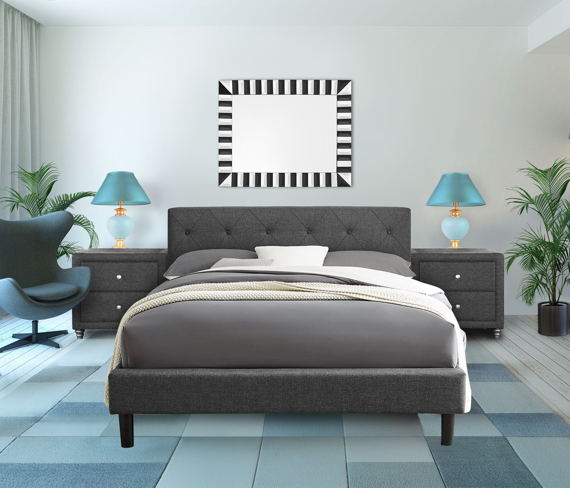 Grey Platform King Bed with Two Nightstands