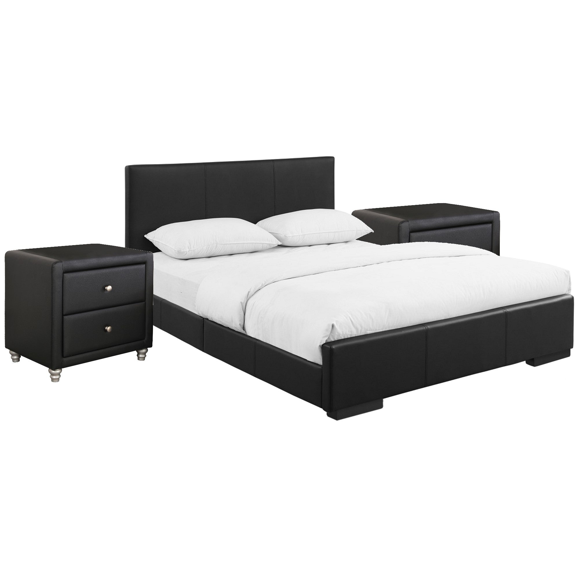 Black Upholstered Platform King Bed with Two Nightstands Default Title