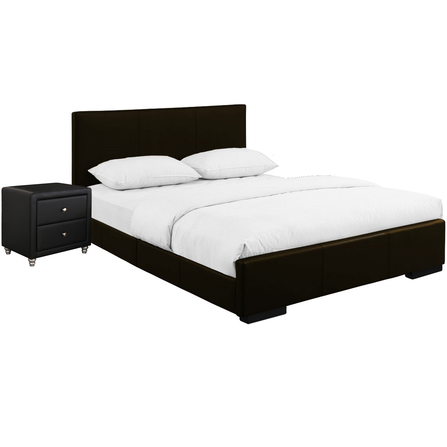 Brown Upholstered Full Platform Bed with Nightstand