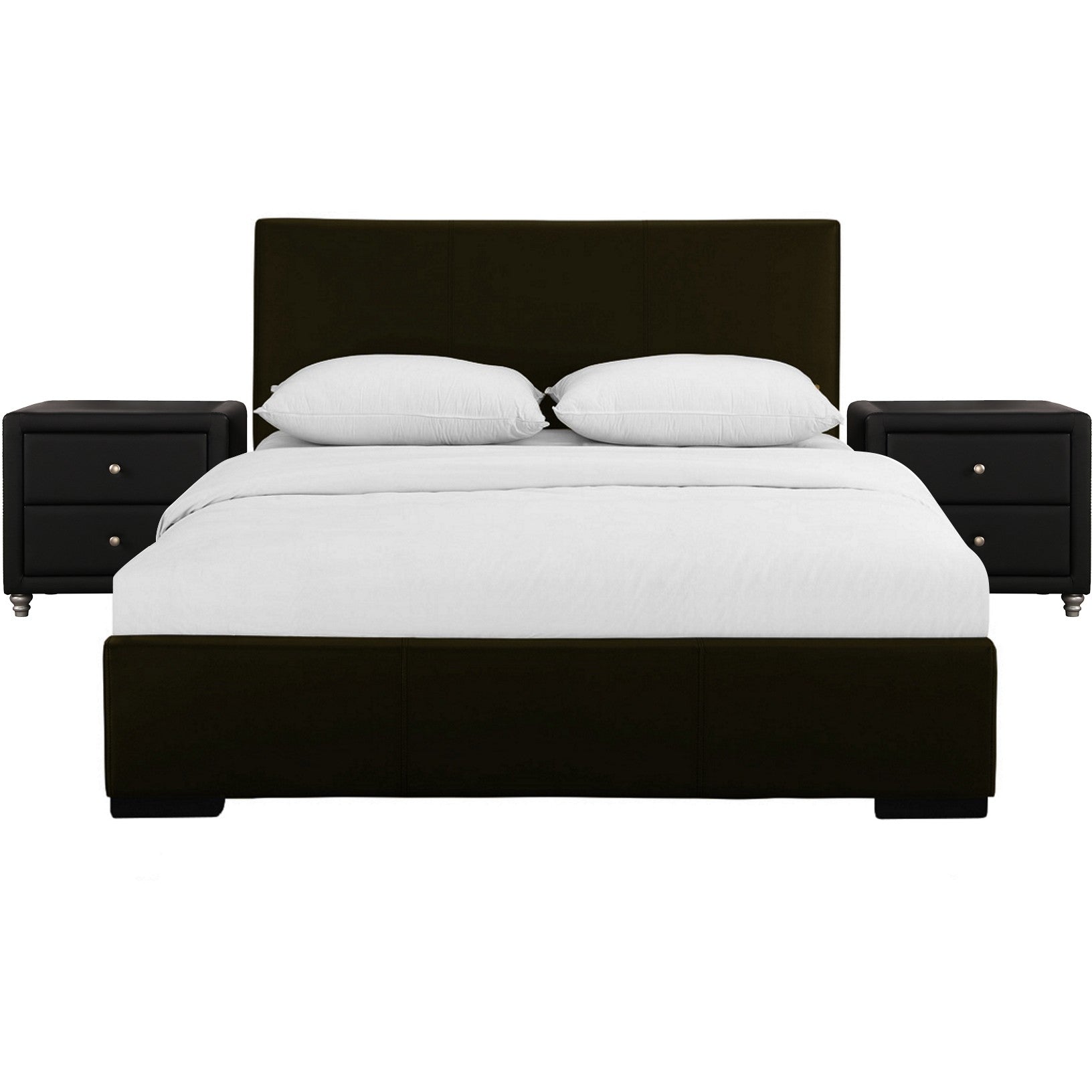 Brown Upholstered Platform Queen Bed with Two Nightstands Default Title