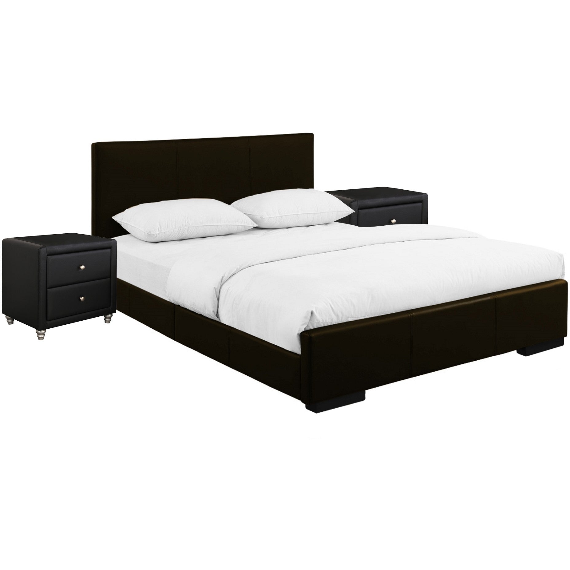 Brown Upholstered Platform Queen Bed with Two Nightstands Default Title