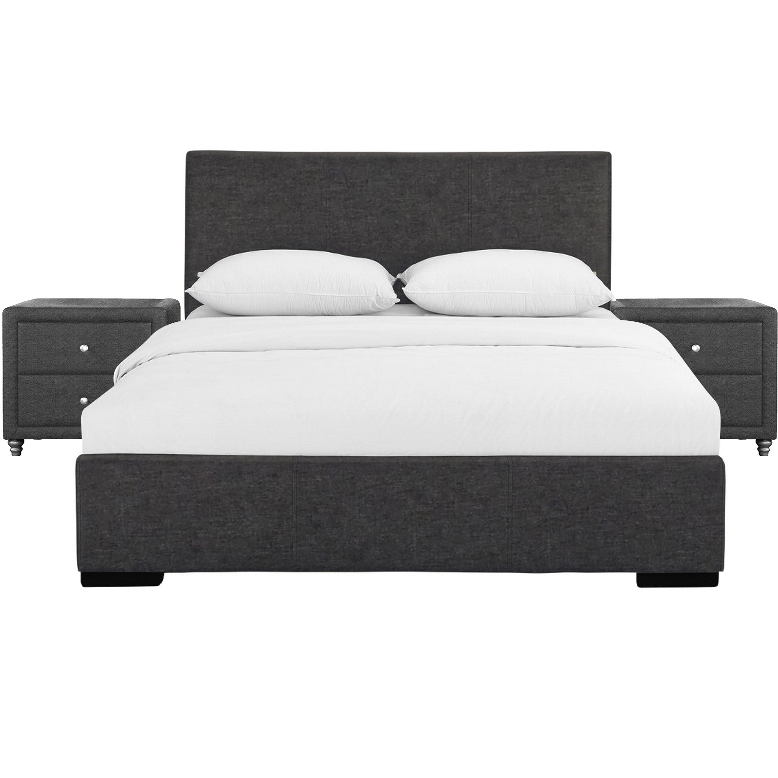 Grey Upholstered Platform King Bed with Two Nightstands Default Title