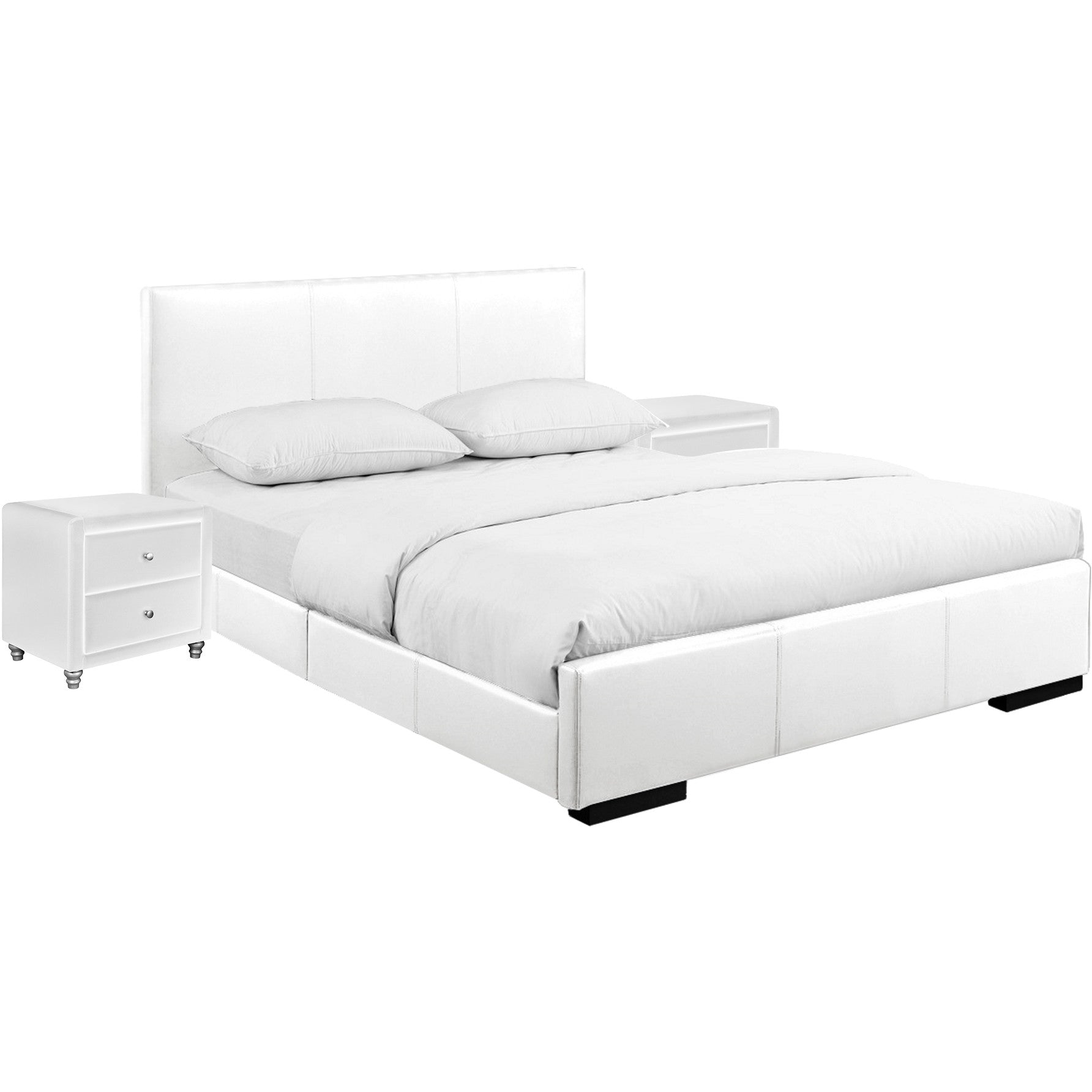 White Upholstered Platform King Bed with Two Nightstands Default Title