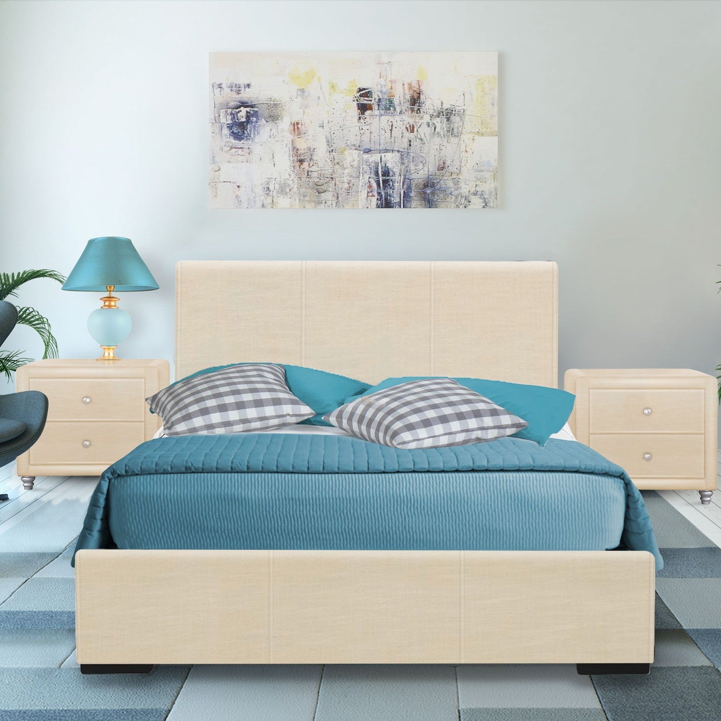 Beige Upholstered Platform King Bed with Two Nightstands Default Title