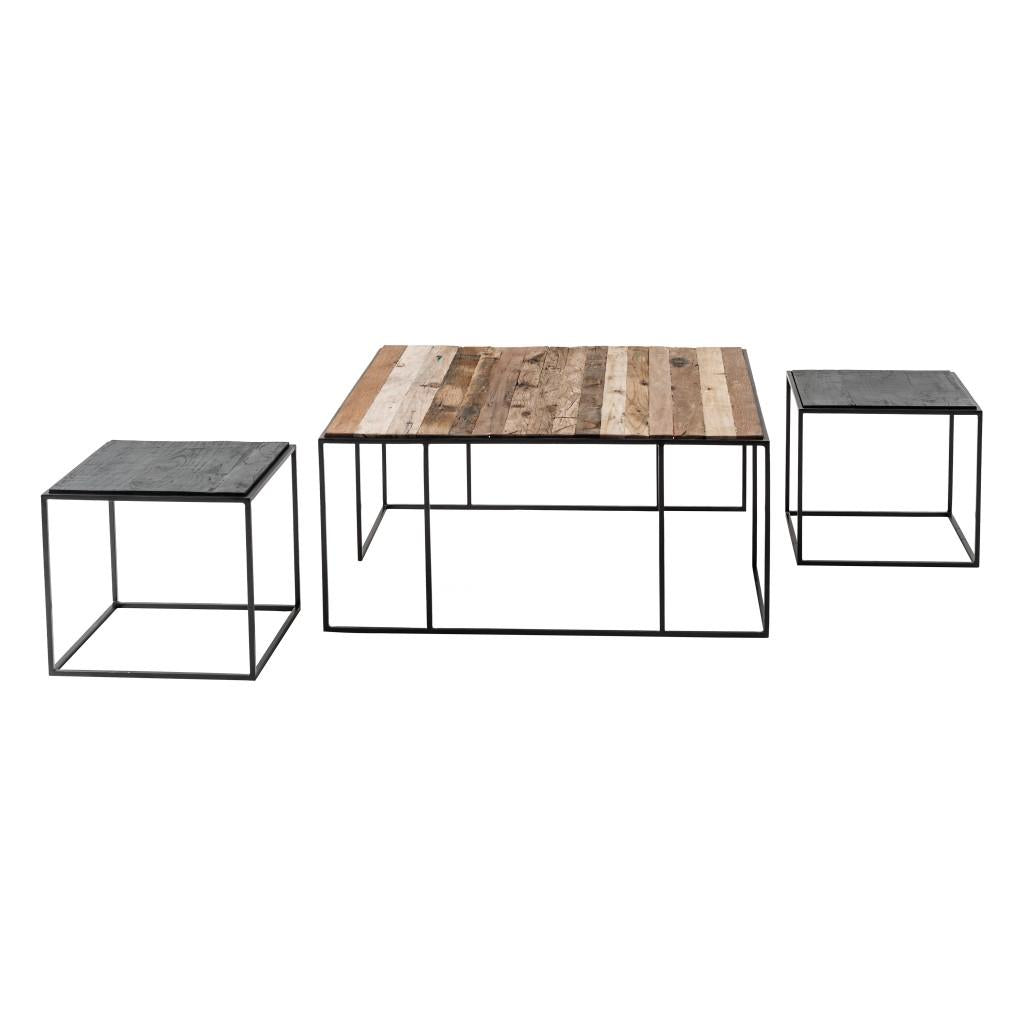 Set of Three Black and Brown Reclaimed Wood And Iron Nested Coffee Tables