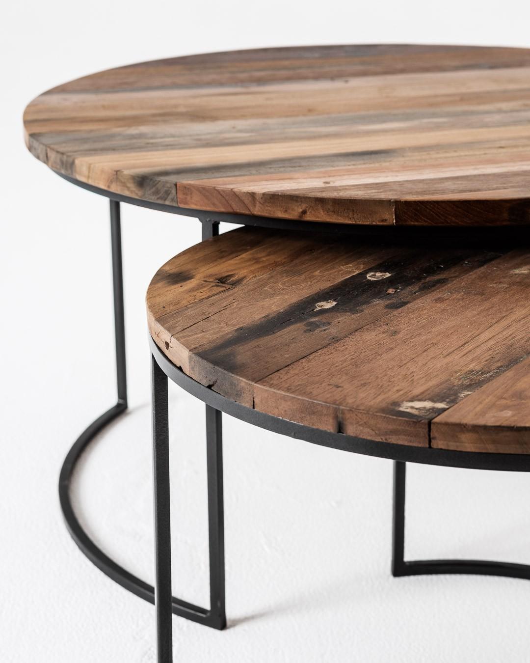 Set of Two Black And Natural Reclaimed Wood  Round Nested Coffee Tables