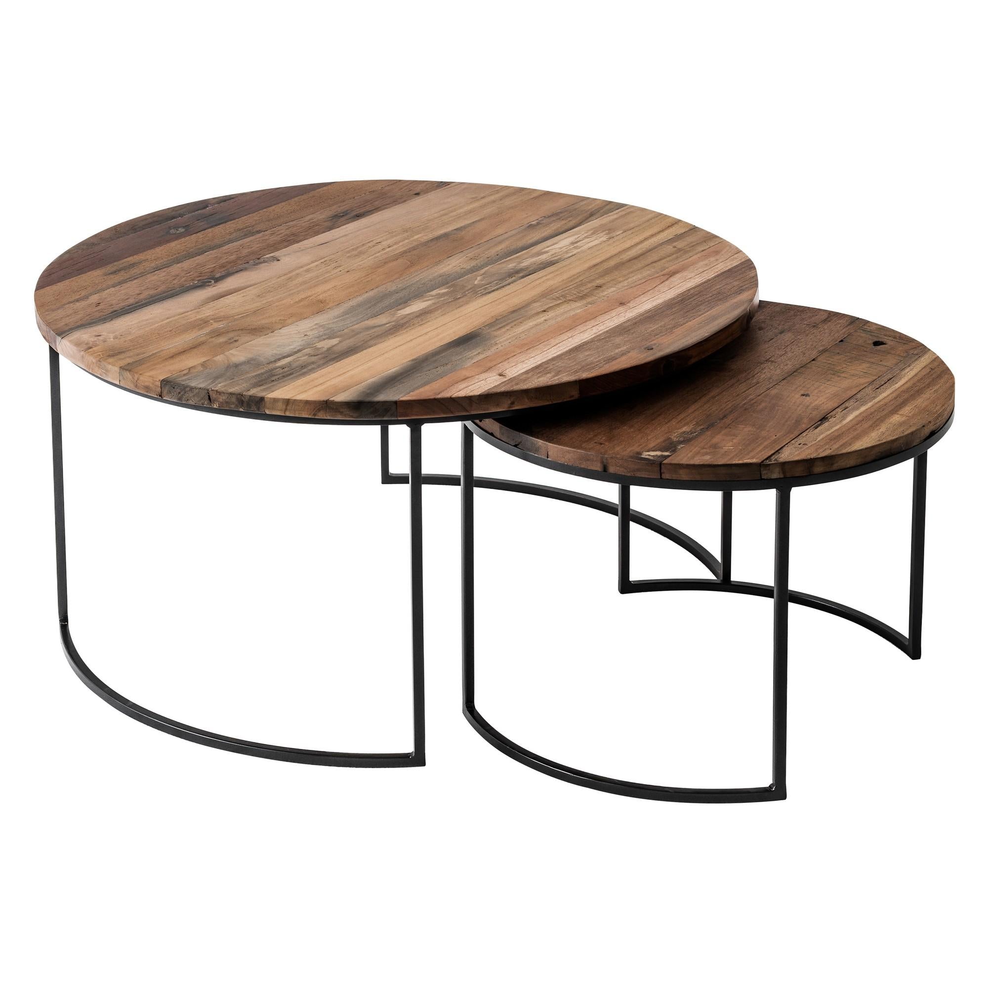 Set of Two Black And Natural Reclaimed Wood  Round Nested Coffee Tables