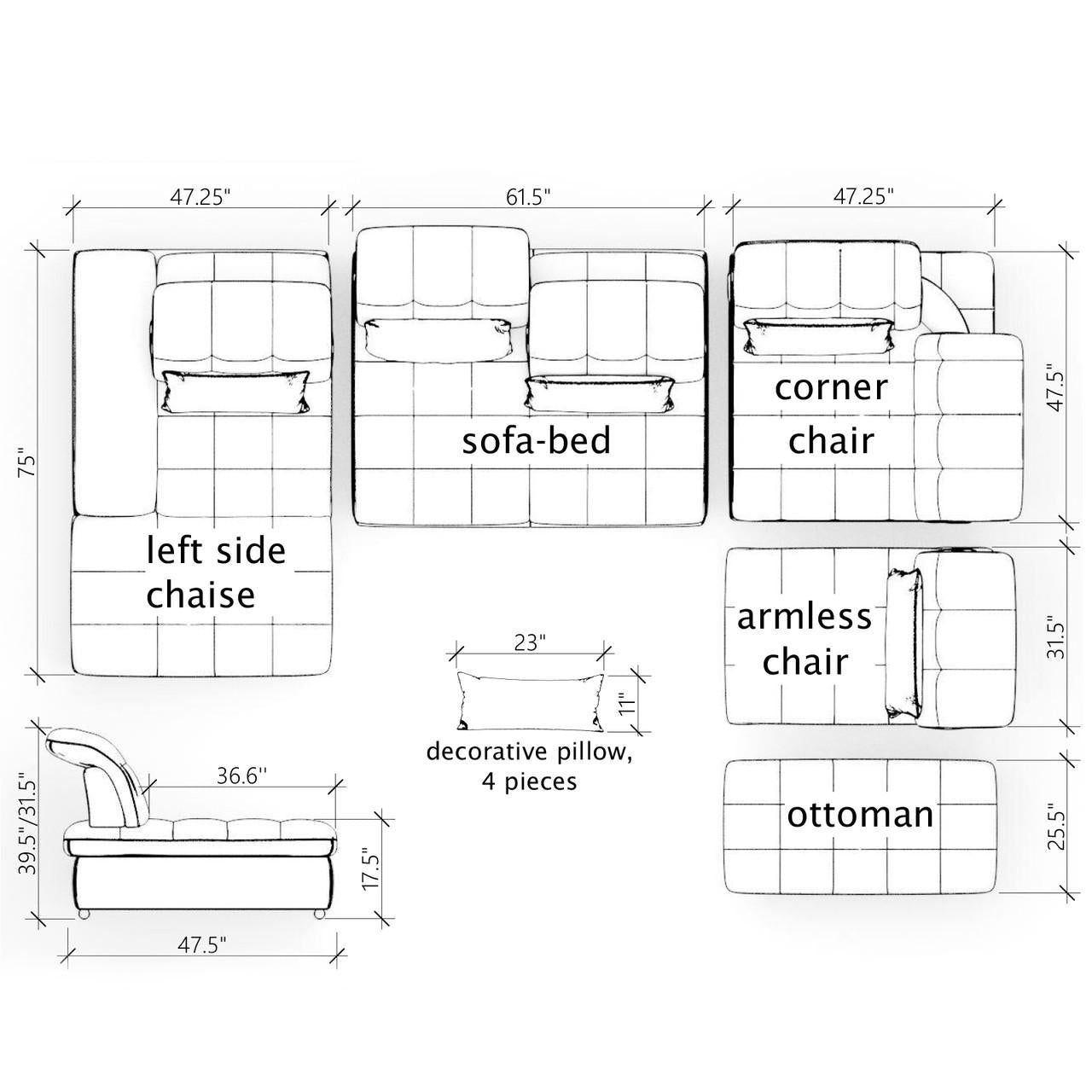 Mod Gray Five Piece Left Sectional Sofa with Storage and Sleeper