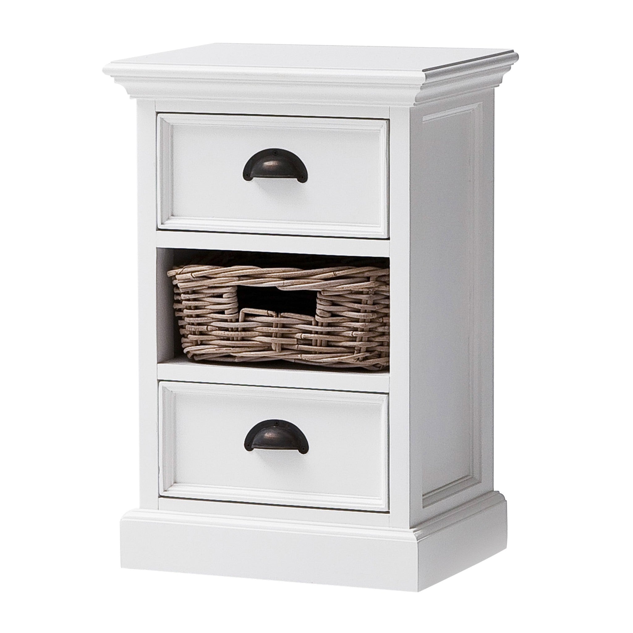 Classic White Two Drawer Nightstand Unit with Basket