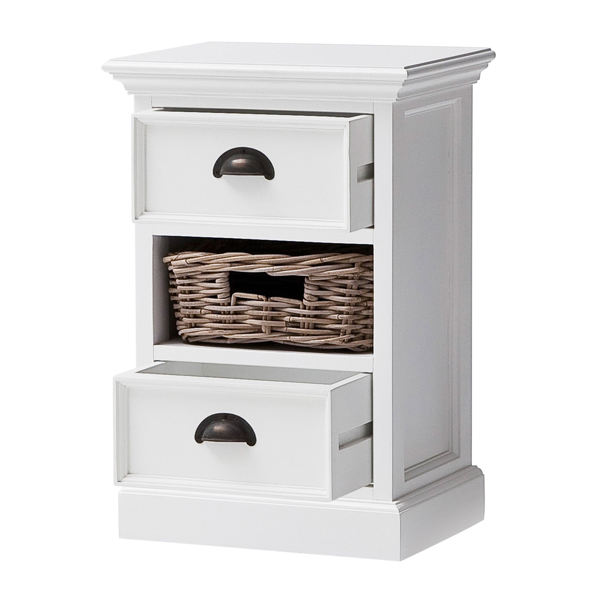 Classic White Two Drawer Nightstand Unit with Basket