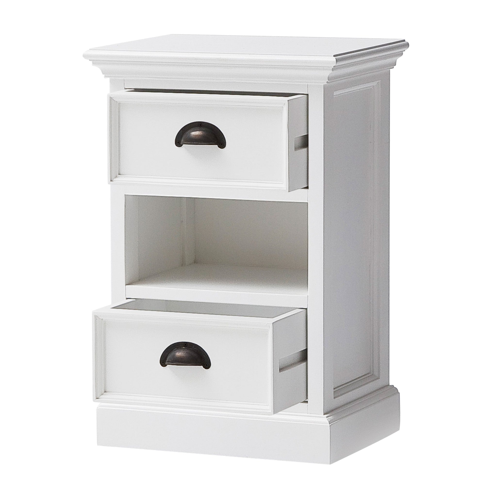 Classic White Two Drawer Nightstand Unit with Basket