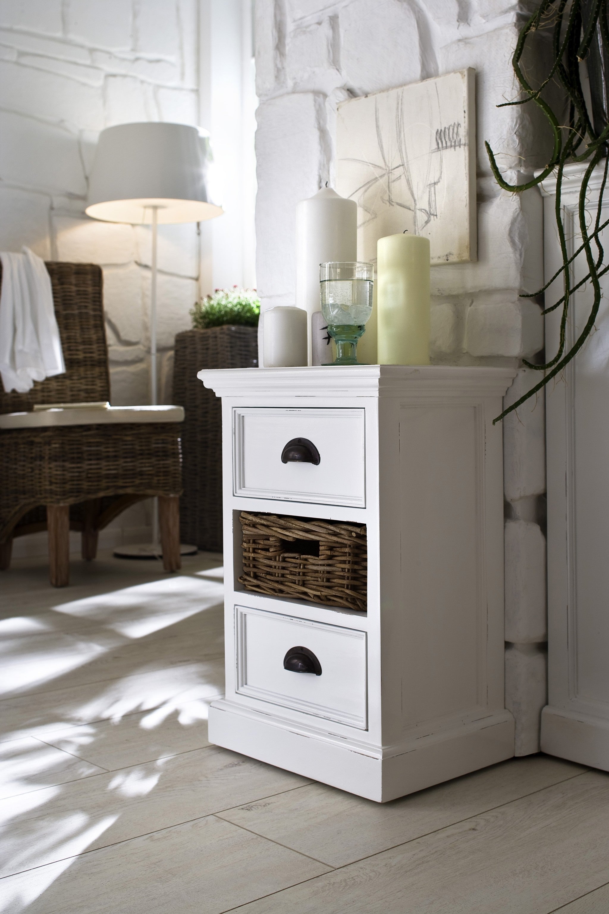 Classic White Two Drawer Nightstand Unit with Basket