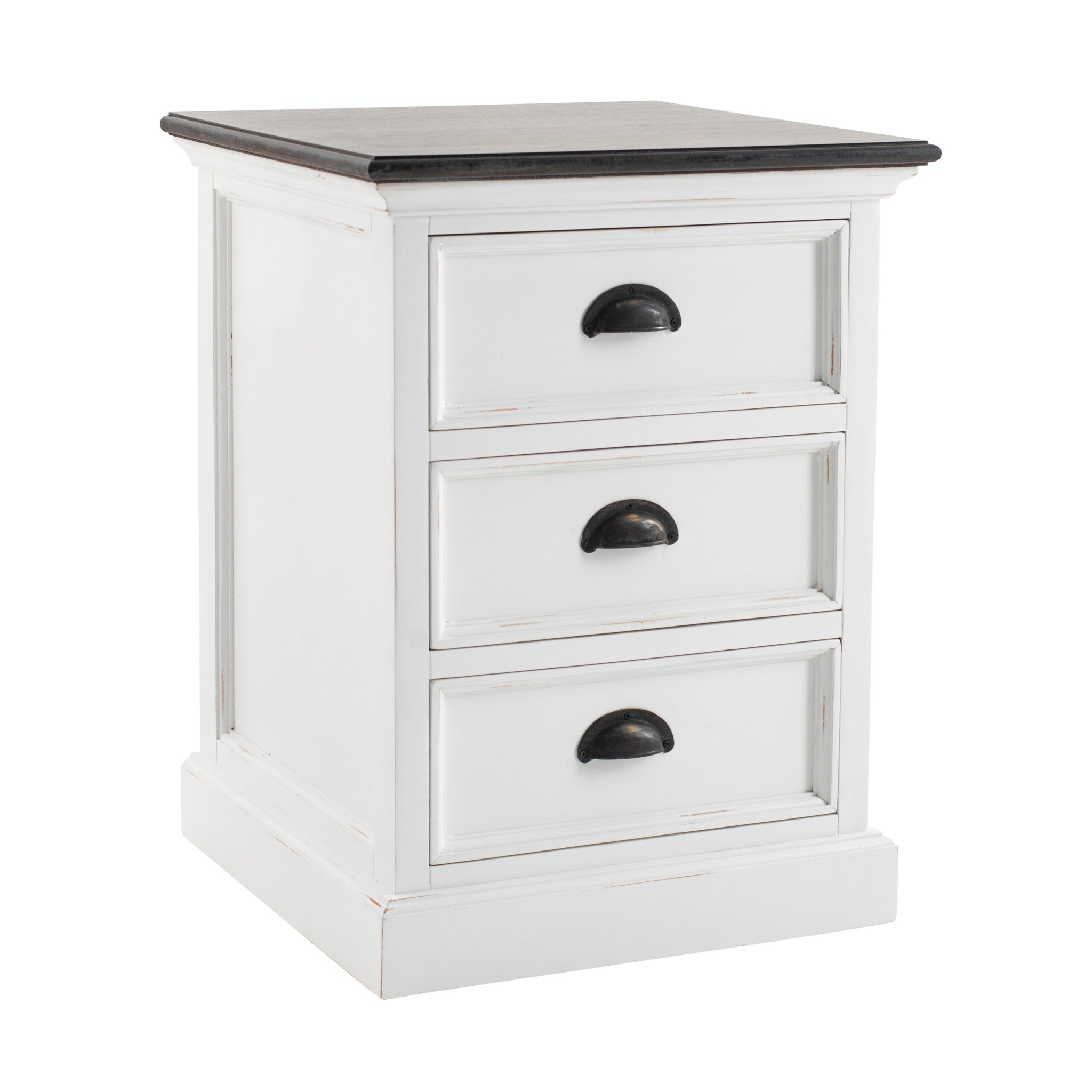 Distressed White and Deep Brown Three Drawer Nightstand