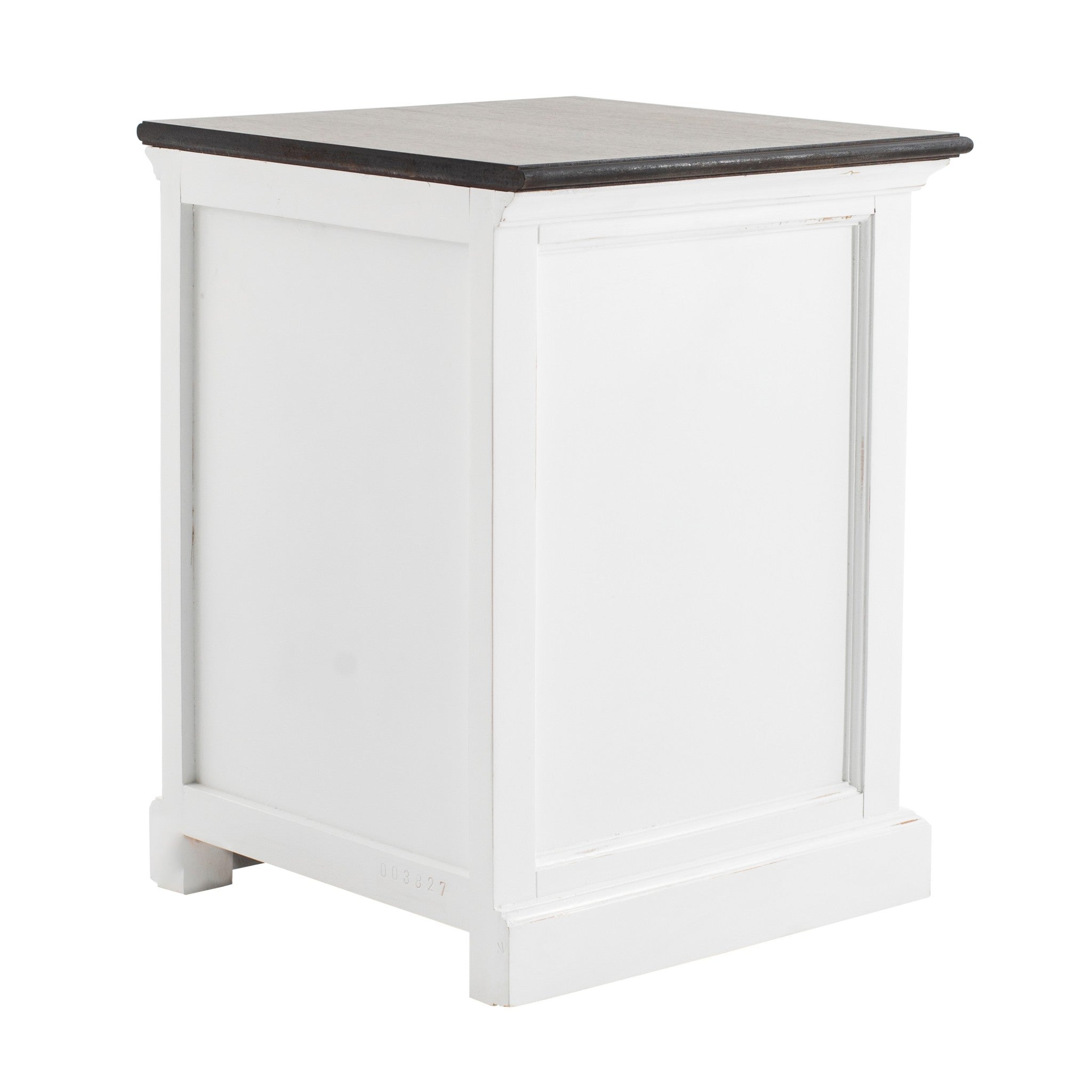 Distressed White and Deep Brown Three Drawer Nightstand