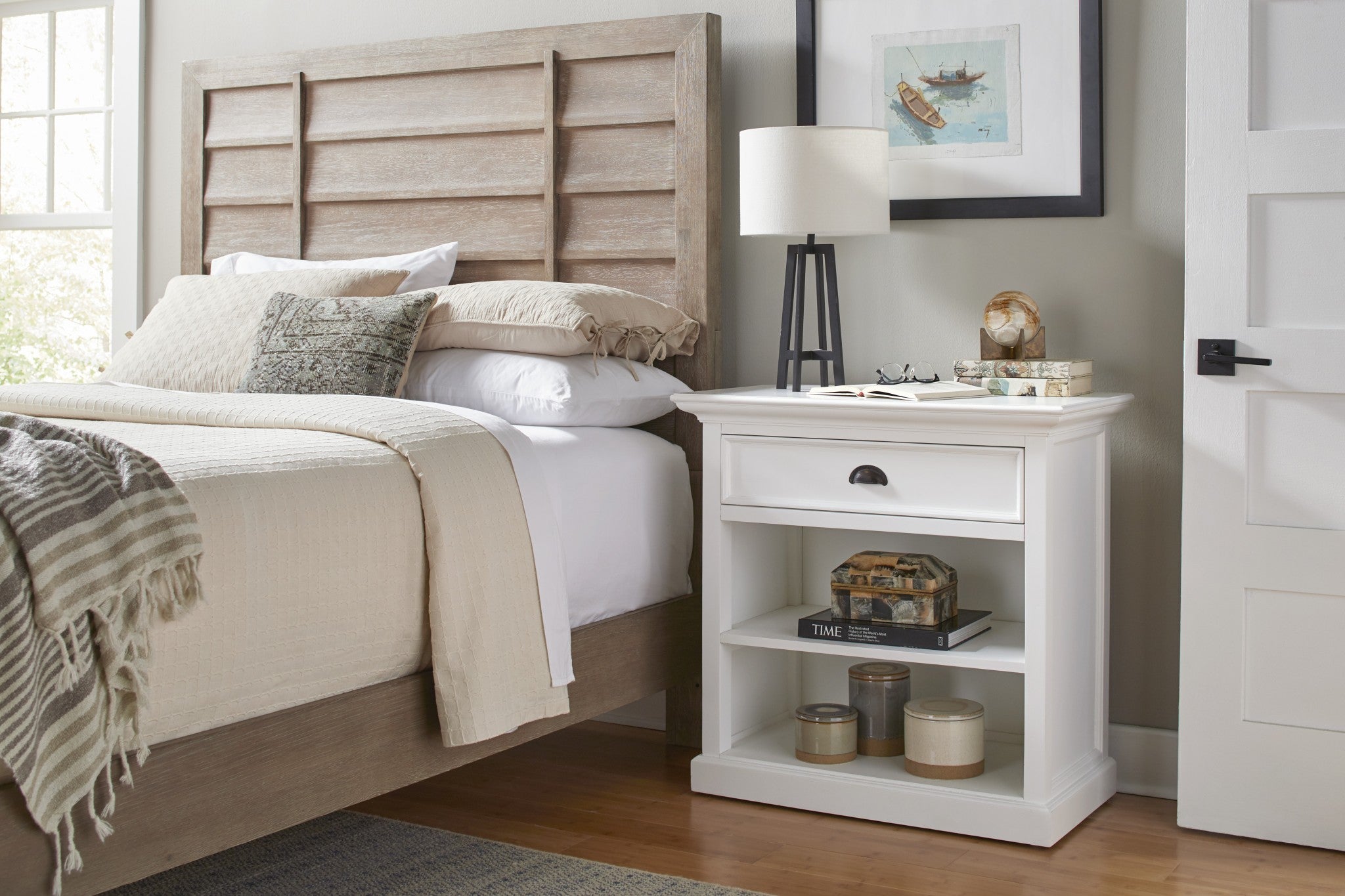 Classic White Large Nightstand With Shelves