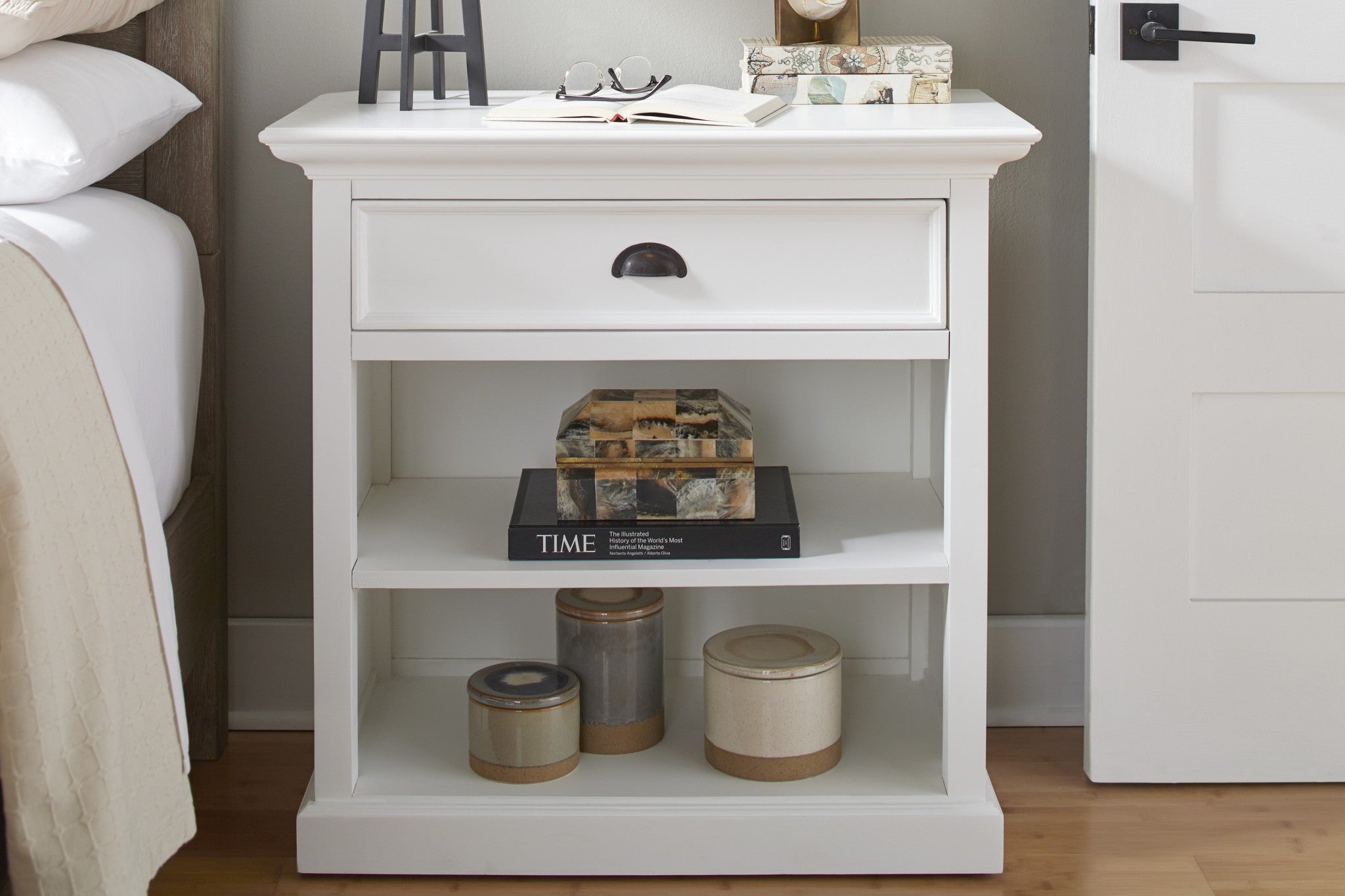 Classic White Large Nightstand With Shelves