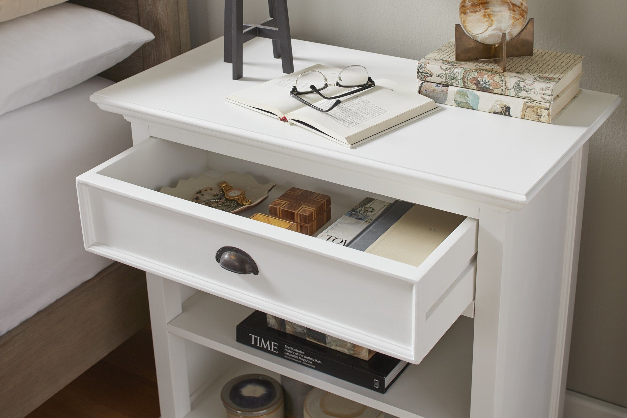 Classic White Large Nightstand With Shelves