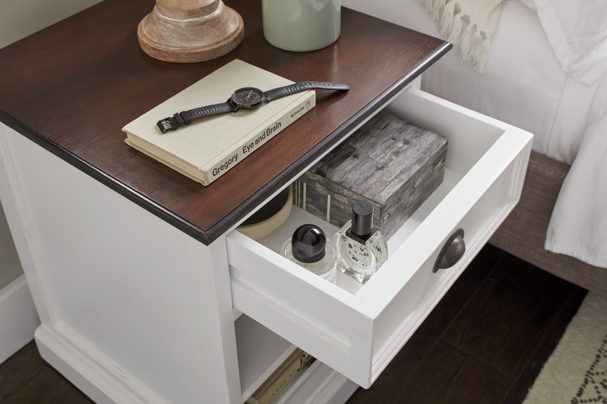 Distressed White and Deep Brown Nightstand With Shelves