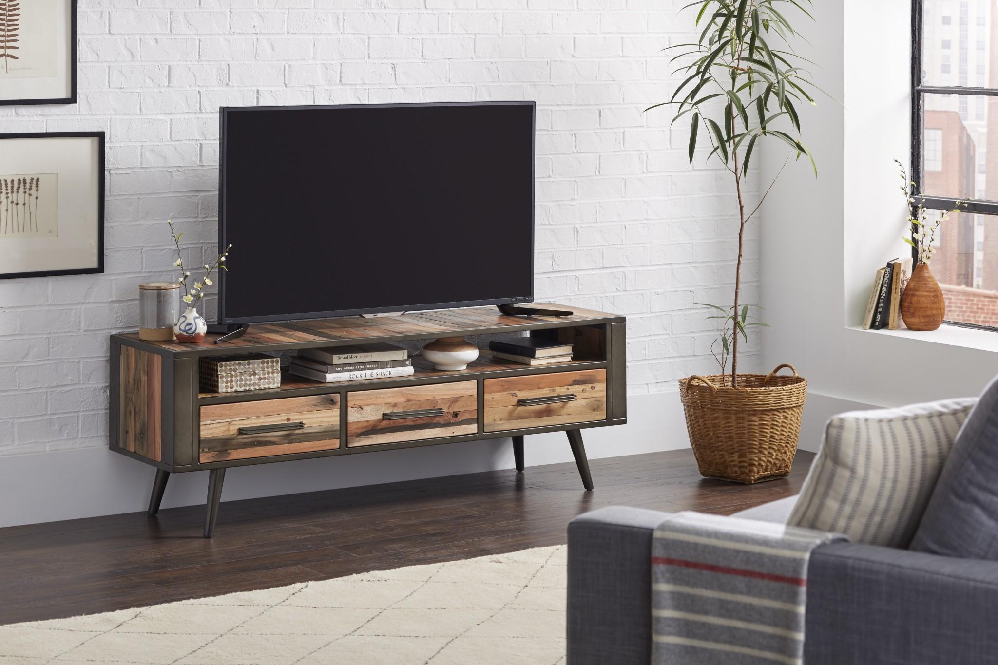 Rustic Natural Wood TV Stand with Three Drawers