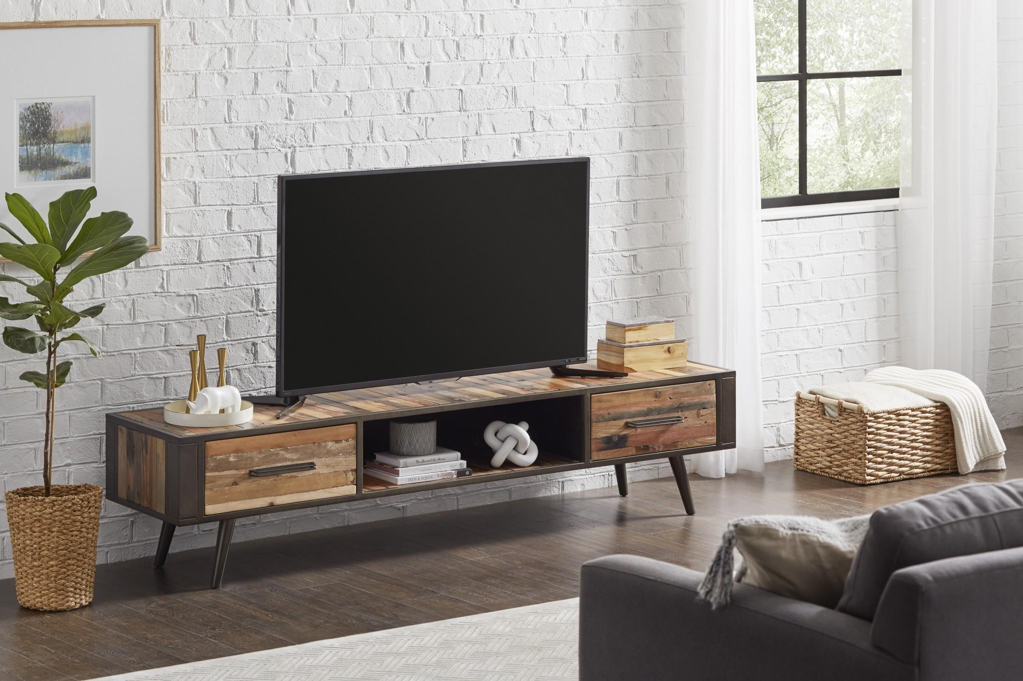 Rustic Natural Wood TV Stand with Two Drawers