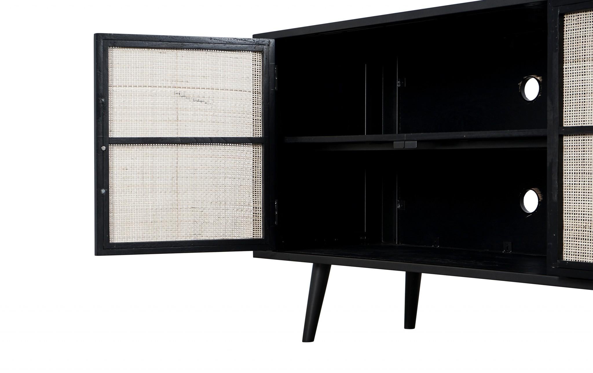 Rustic Black Natural and Rattan Media Cabinet with Four Doors