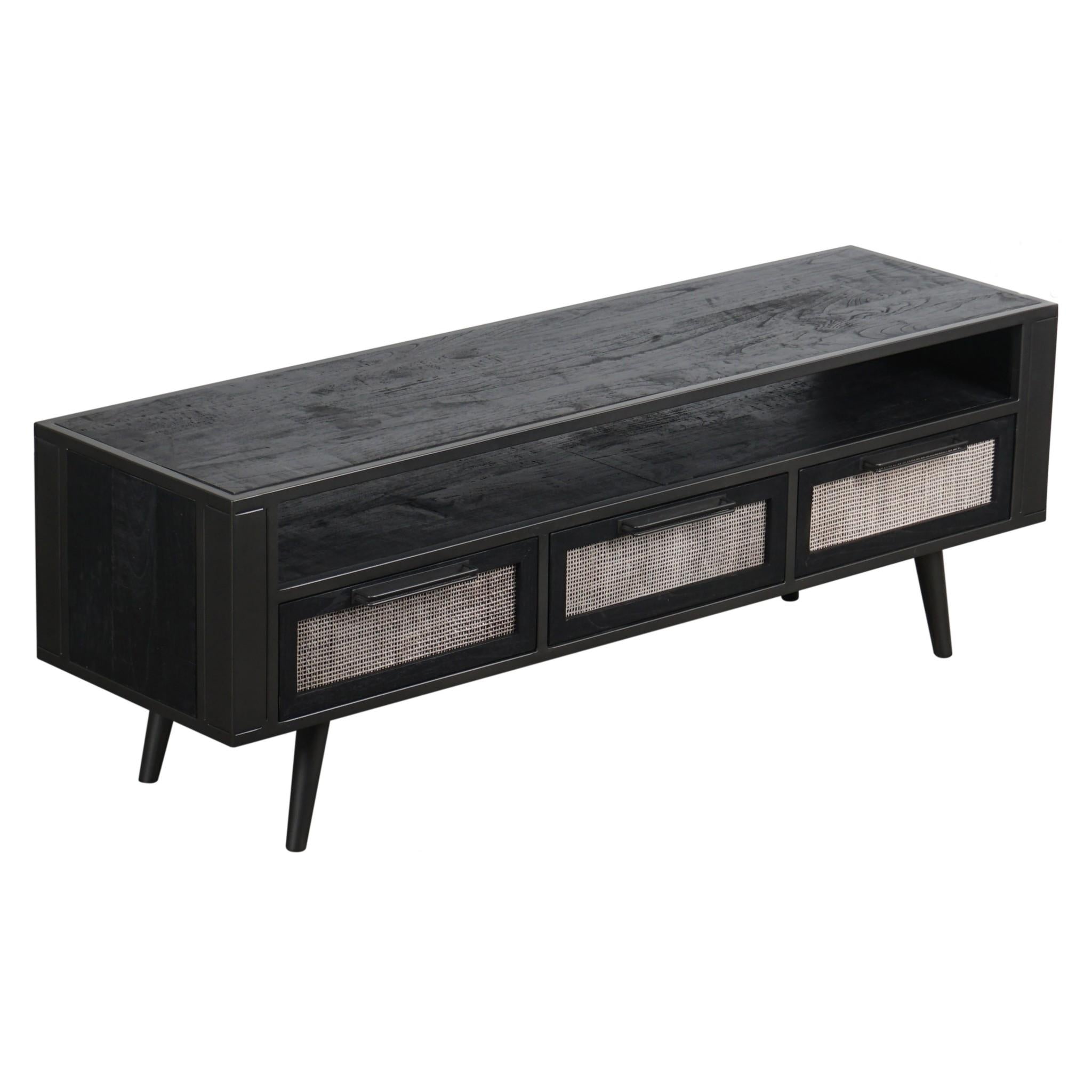 Rustic Black and Rattan TV Stand with Three Drawers