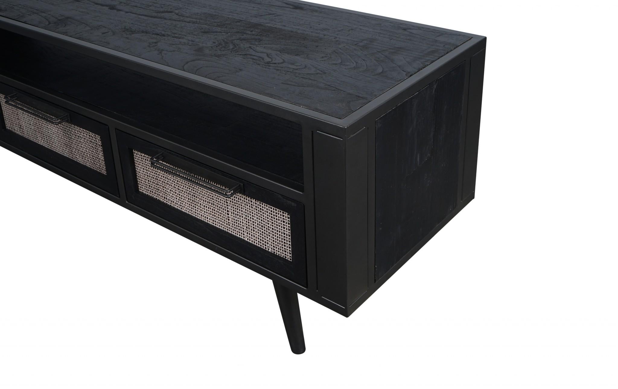 Rustic Black and Rattan TV Stand with Three Drawers